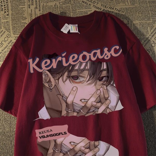 Japanese Retro Cartoon Anime Short Sleeve T-Shirt for Men and Women, Plus Size, Loose Fit, Pure Cotton, Y2K Couple Style