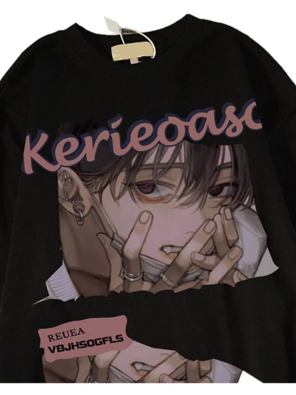 Japanese Retro Cartoon Anime Short Sleeve T-Shirt for Men and Women, Plus Size, Loose Fit, Pure Cotton, Y2K Couple Style