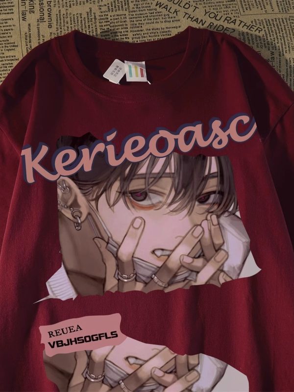 Japanese Retro Cartoon Anime Short Sleeve T-Shirt for Men and Women, Plus Size, Loose Fit, Pure Cotton, Y2K Couple Style