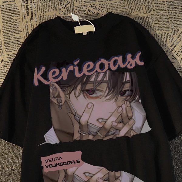Japanese Retro Cartoon Anime Short Sleeve T-Shirt for Men and Women, Plus Size, Loose Fit, Pure Cotton, Y2K Couple Style