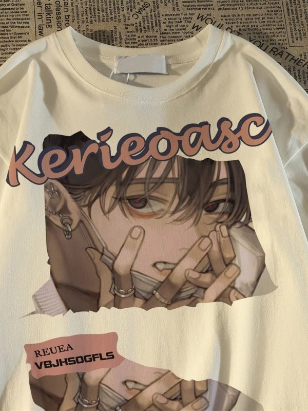 Japanese Retro Cartoon Anime Short Sleeve T-Shirt for Men and Women, Plus Size, Loose Fit, Pure Cotton, Y2K Couple Style