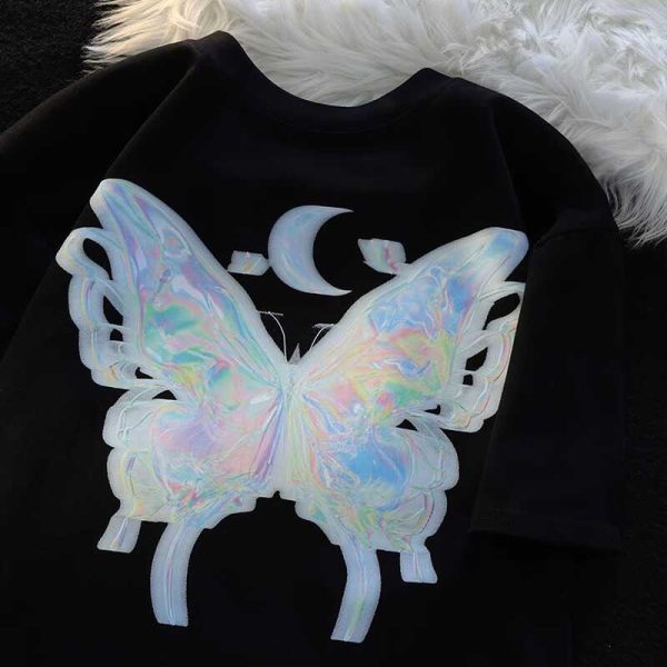 Japanese-Style Butterfly Print Cotton Short Sleeve T-Shirt for Men and Women, Plus Size Loose Summer Couple Top