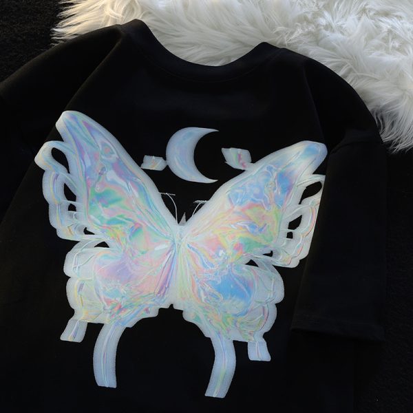 Japanese-Style Butterfly Print Cotton Short Sleeve T-Shirt for Men and Women, Plus Size Loose Summer Couple Top