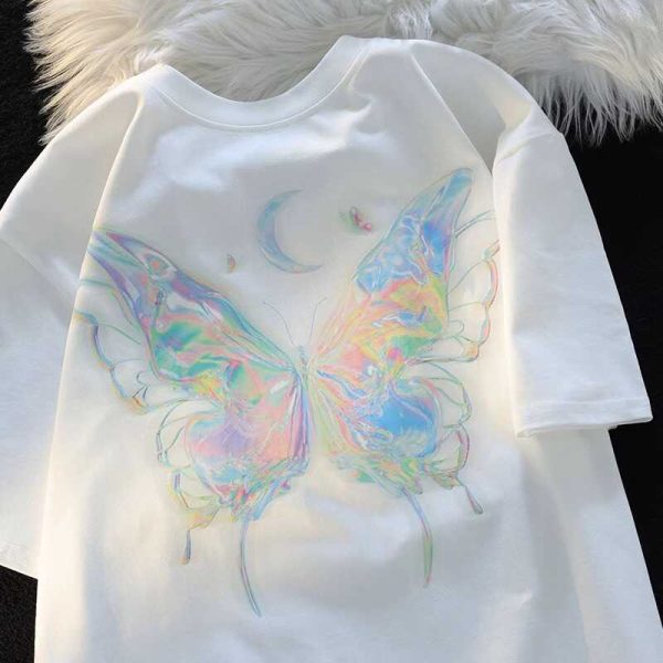 Japanese-Style Butterfly Print Cotton Short Sleeve T-Shirt for Men and Women, Plus Size Loose Summer Couple Top