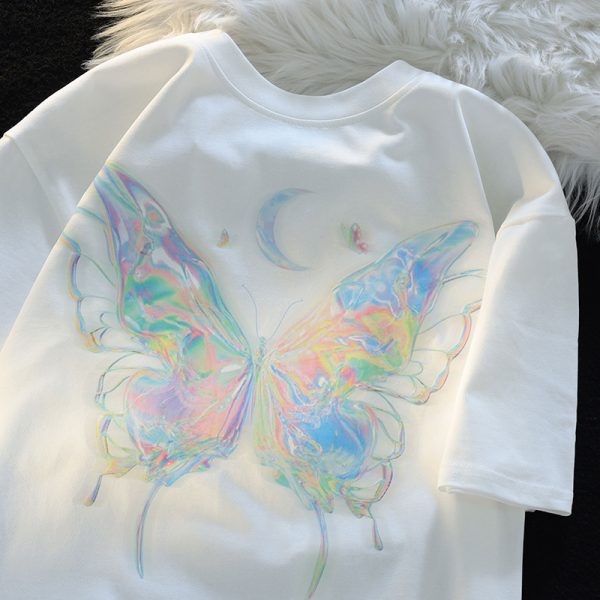 Japanese-Style Butterfly Print Cotton Short Sleeve T-Shirt for Men and Women, Plus Size Loose Summer Couple Top