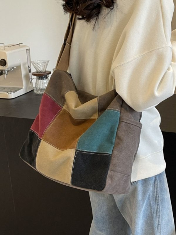 Japanese-Style Color-Blocking Retro Canvas Bag - Large Capacity Women's Shoulder Crossbody Bag for Students, 2025 Trend