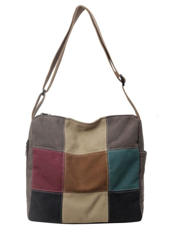 Japanese-Style Color-Blocking Retro Canvas Bag - Large Capacity Women's Shoulder Crossbody Bag for Students, 2025 Trend