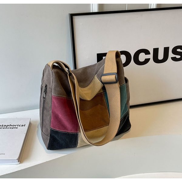 Japanese-Style Color-Blocking Retro Canvas Bag - Large Capacity Women's Shoulder Crossbody Bag for Students, 2025 Trend