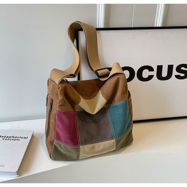 Japanese-Style Color-Blocking Retro Canvas Bag - Large Capacity Women's Shoulder Crossbody Bag for Students, 2025 Trend