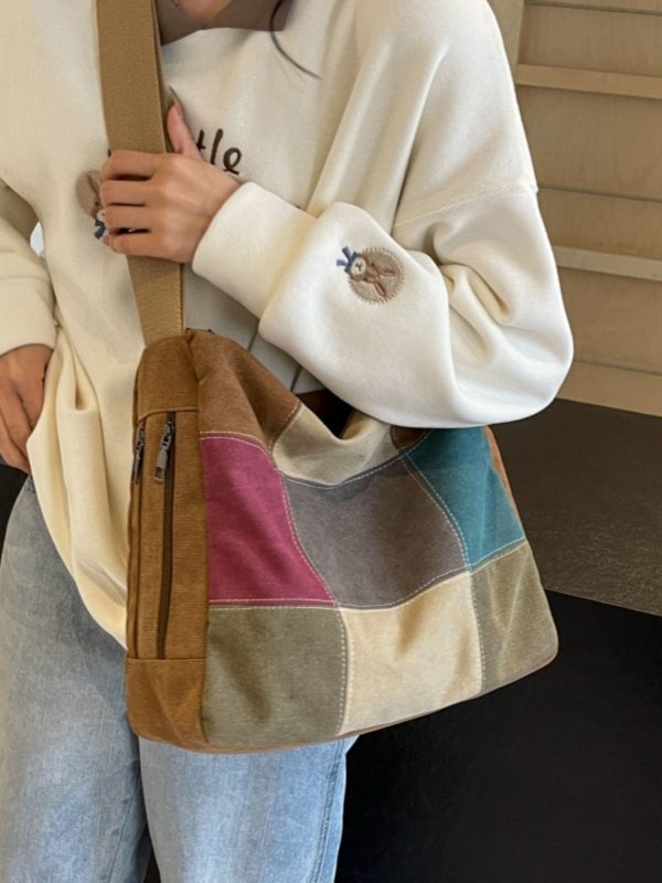 Japanese-Style Color-Blocking Retro Canvas Bag - Large Capacity Women's Shoulder Crossbody Bag for Students, 2025 Trend