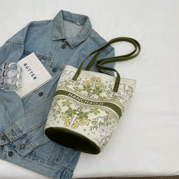 Japanese-Style Floral Canvas Bucket Bag for Women - 2025 Versatile Large Capacity Shoulder Tote for Commuting