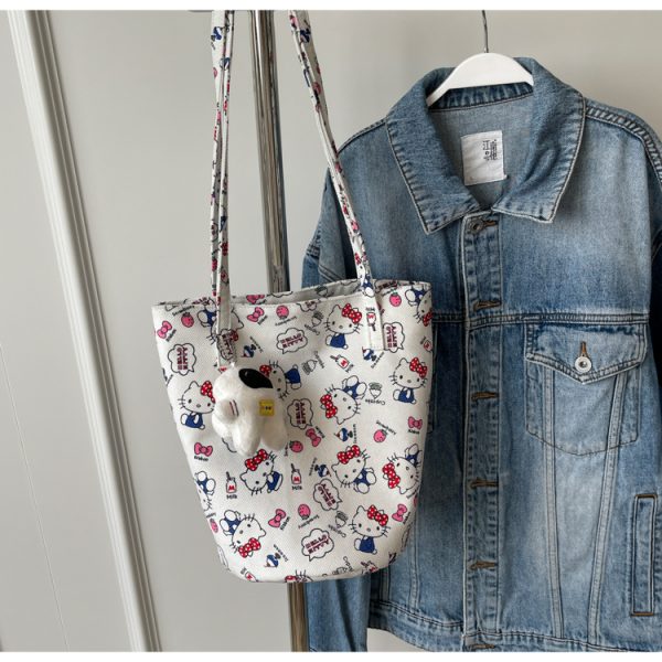 Japanese-Style Floral Canvas Bucket Bag for Women - 2025 Versatile Large Capacity Shoulder Tote for Commuting