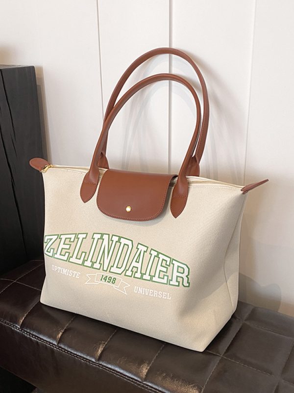 Japanese-Style Large Capacity Canvas Tote Bag for Women - 2025 Spring Summer Letter Print Handheld Shoulder Commuter Bag