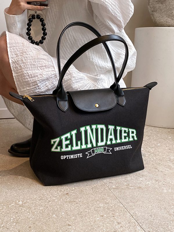 Japanese-Style Large Capacity Canvas Tote Bag for Women - 2025 Spring Summer Letter Print Handheld Shoulder Commuter Bag