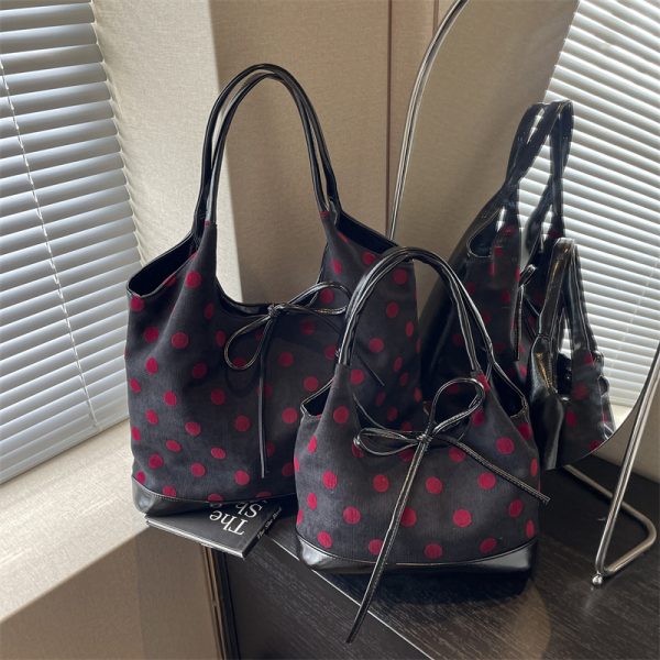 Japanese-Style Minimalist Polka Dot Bucket Bag for Women â€“ Large Capacity Tote with Bow, 2025 Trendy Design