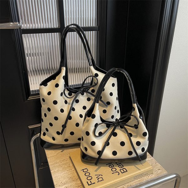Japanese-Style Minimalist Polka Dot Bucket Bag for Women â€“ Large Capacity Tote with Bow, 2025 Trendy Design