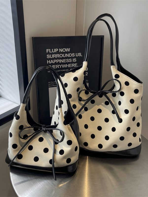 Japanese-Style Minimalist Polka Dot Bucket Bag for Women â€“ Large Capacity Tote with Bow, 2025 Trendy Design