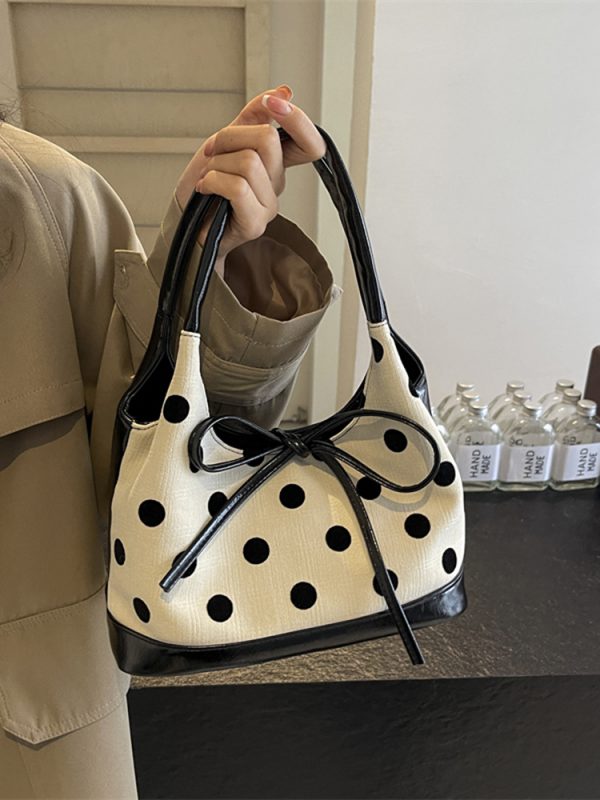 Japanese-Style Minimalist Polka Dot Bucket Bag for Women â€“ Large Capacity Tote with Bow, 2025 Trendy Design