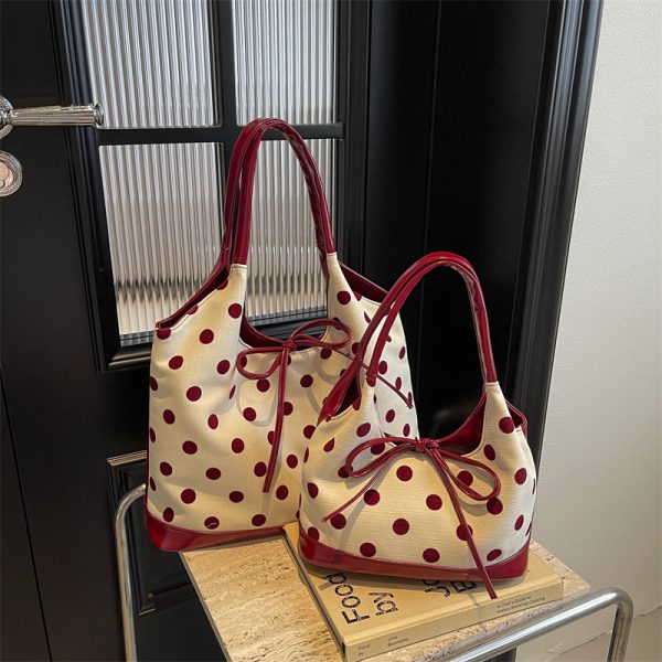 Japanese-Style Minimalist Polka Dot Bucket Bag for Women â€“ Large Capacity Tote with Bow, 2025 Trendy Design