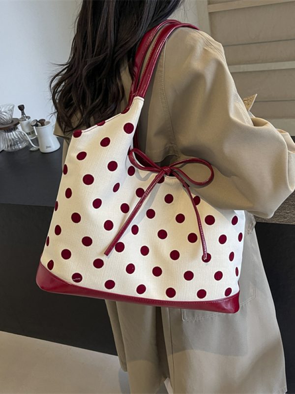 Japanese-Style Minimalist Polka Dot Bucket Bag for Women â€“ Large Capacity Tote with Bow, 2025 Trendy Design
