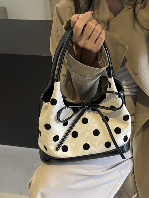 Japanese-Style Minimalist Polka Dot Bucket Bag for Women â€“ Large Capacity Tote with Bow, 2025 Trendy Design