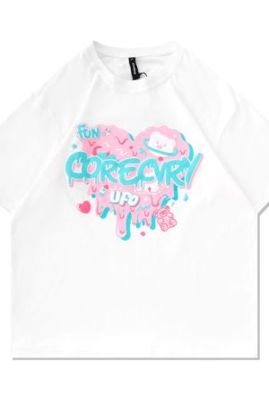 Japanese-Style Retro Cartoon Bear Cotton Short-Sleeve T-Shirt Plus Size for Women & Men - Trendy Loose Fit for Y2K Fashion