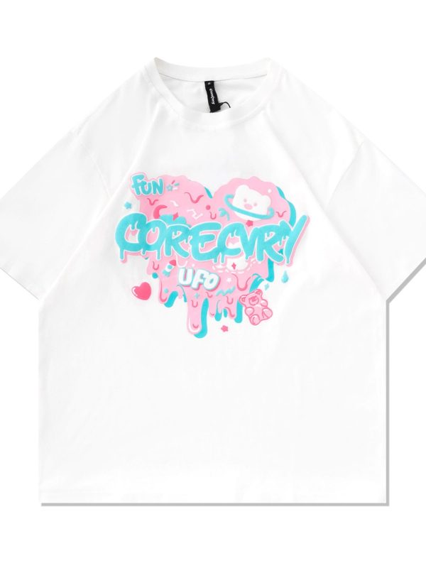 Japanese-Style Retro Cartoon Bear Cotton Short-Sleeve T-Shirt Plus Size for Women & Men - Trendy Loose Fit for Y2K Fashion
