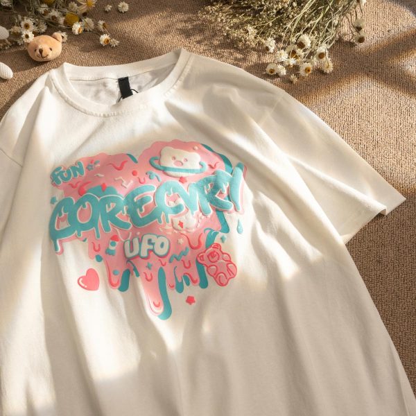 Japanese-Style Retro Cartoon Bear Cotton Short-Sleeve T-Shirt Plus Size for Women & Men - Trendy Loose Fit for Y2K Fashion