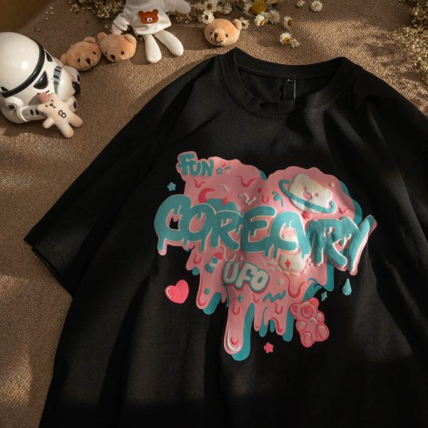 Japanese-Style Retro Cartoon Bear Cotton Short-Sleeve T-Shirt Plus Size for Women & Men - Trendy Loose Fit for Y2K Fashion
