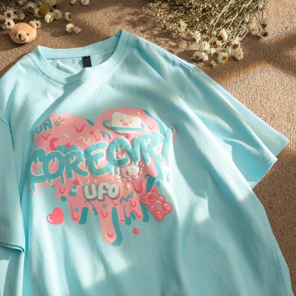 Japanese-Style Retro Cartoon Bear Cotton Short-Sleeve T-Shirt Plus Size for Women & Men - Trendy Loose Fit for Y2K Fashion