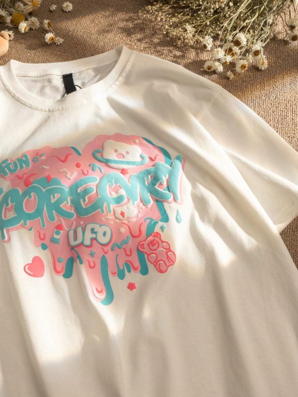 Japanese-Style Retro Cartoon Bear Cotton Short-Sleeve T-Shirt Plus Size for Women & Men - Trendy Loose Fit for Y2K Fashion