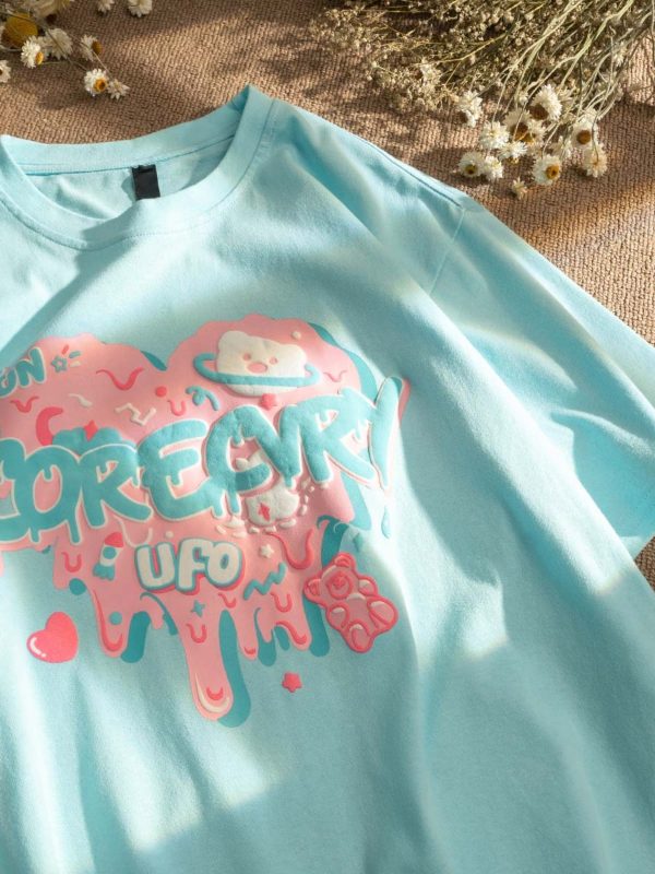 Japanese-Style Retro Cartoon Bear Cotton Short-Sleeve T-Shirt Plus Size for Women & Men - Trendy Loose Fit for Y2K Fashion