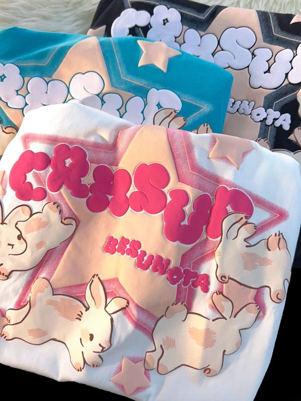 Japanese-Style Retro Cartoon Rabbit Print Short Sleeve T-Shirt for Men & Women, Plus Size, Loose Fit, Pure Cotton Couple Top