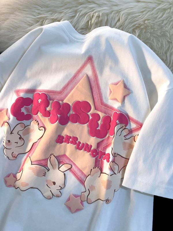 Japanese-Style Retro Cartoon Rabbit Print Short Sleeve T-Shirt for Men & Women, Plus Size, Loose Fit, Pure Cotton Couple Top