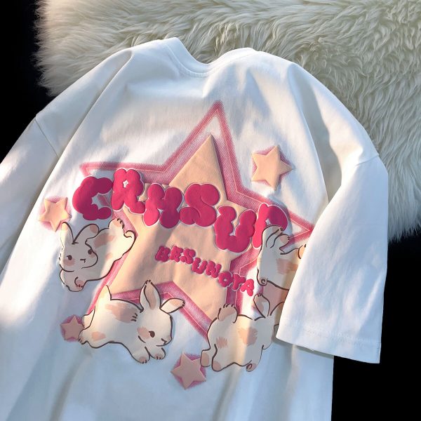 Japanese-Style Retro Cartoon Rabbit Print Short Sleeve T-Shirt for Men & Women, Plus Size, Loose Fit, Pure Cotton Couple Top