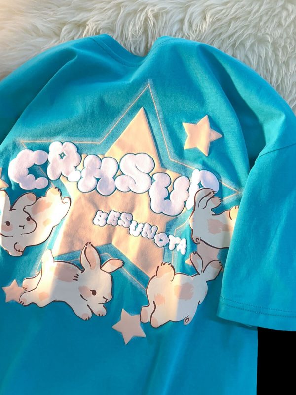 Japanese-Style Retro Cartoon Rabbit Print Short Sleeve T-Shirt for Men & Women, Plus Size, Loose Fit, Pure Cotton Couple Top