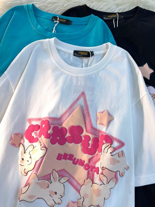 Japanese-Style Retro Cartoon Rabbit Print Short Sleeve T-Shirt for Men & Women, Plus Size, Loose Fit, Pure Cotton Couple Top