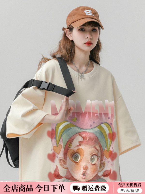 Japanese-Style Retro Cotton Short Sleeve T-Shirt for Men & Women, Plus Size Loose Fit Casual Couple Top