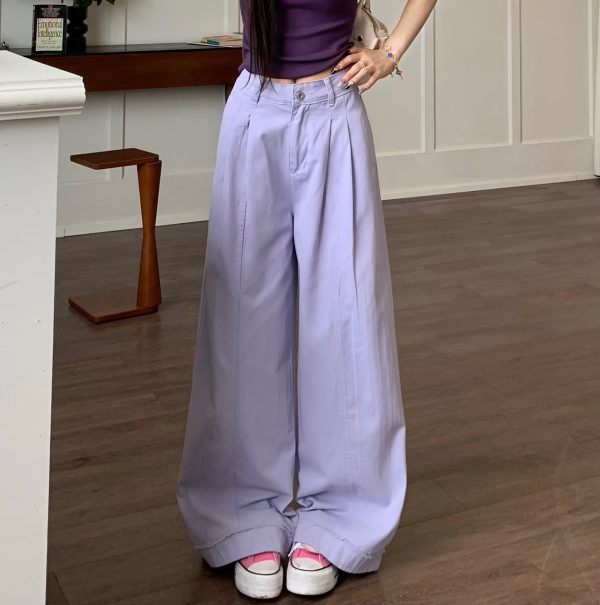 Khaki Draped Loose Straight Casual Pants for Women - Summer Korean Style Wide Leg Floor-Length Trousers