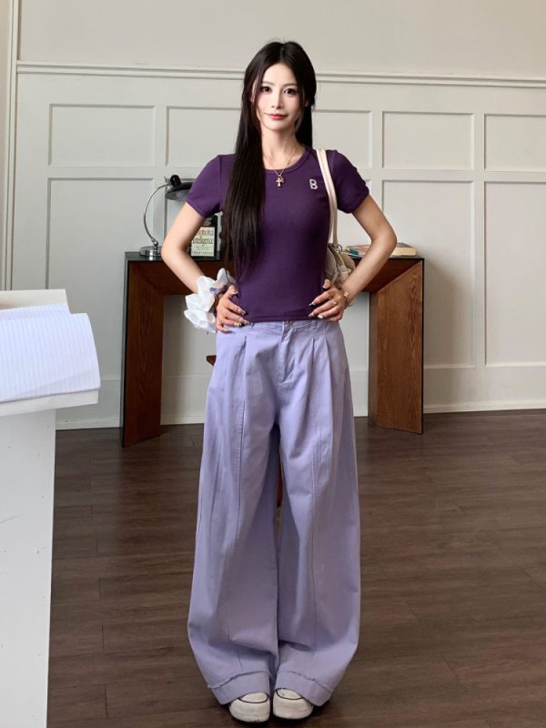 Khaki Draped Loose Straight Casual Pants for Women - Summer Korean Style Wide Leg Floor-Length Trousers