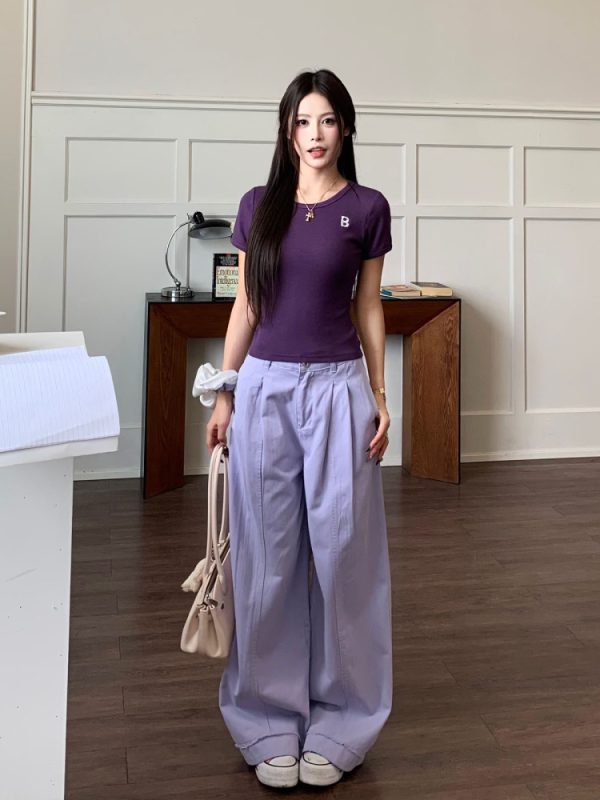 Khaki Draped Loose Straight Casual Pants for Women - Summer Korean Style Wide Leg Floor-Length Trousers