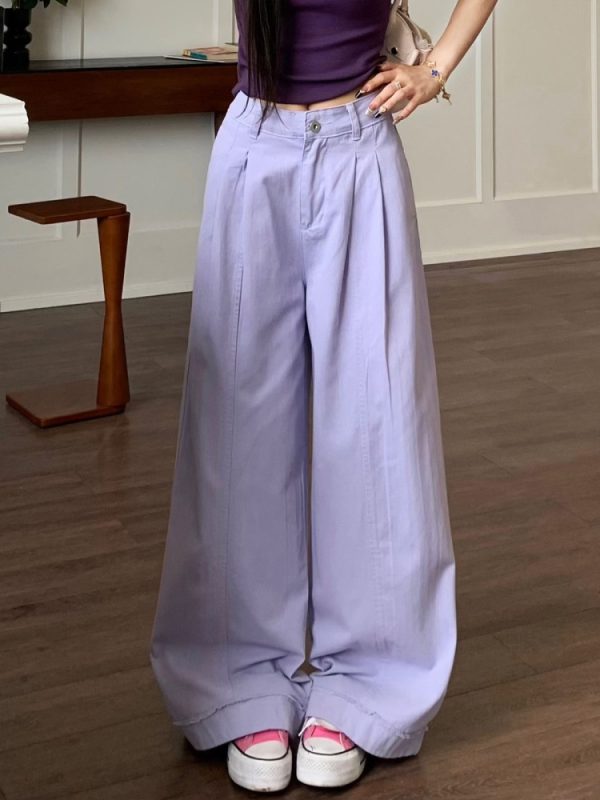 Khaki Draped Loose Straight Casual Pants for Women - Summer Korean Style Wide Leg Floor-Length Trousers