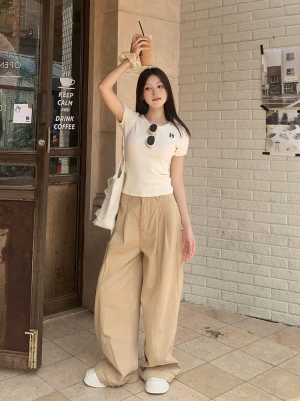 Khaki Draped Loose Straight Casual Pants for Women - Summer Korean Style Wide Leg Floor-Length Trousers