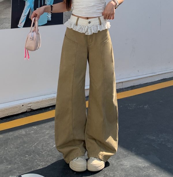 Khaki Lace Trim Spliced Denim Pants for Women - Spring Mid-Waist Slim Fit Wide-Leg Curved Style, Trendy Y2K Fashion