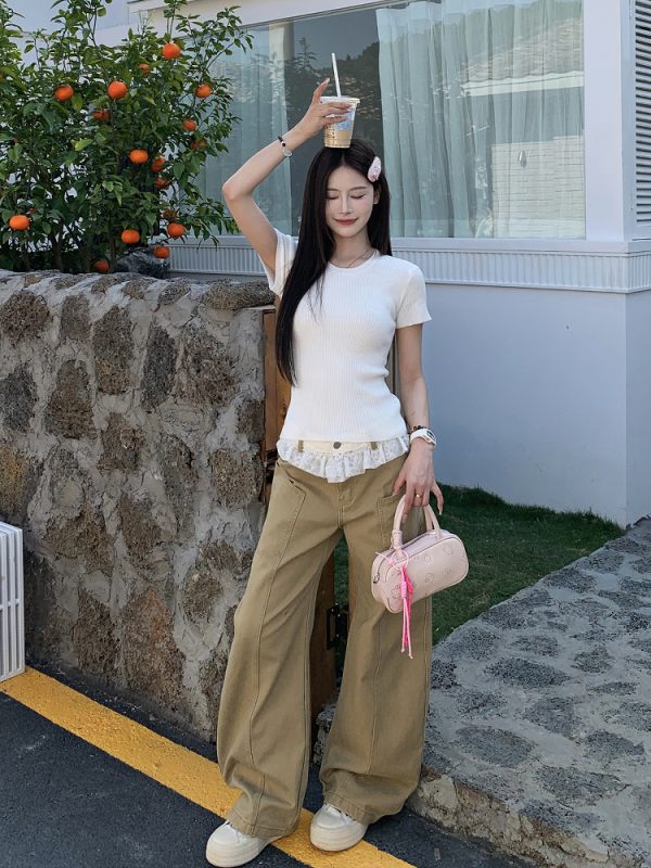 Khaki Lace Trim Spliced Denim Pants for Women - Spring Mid-Waist Slim Fit Wide-Leg Curved Style, Trendy Y2K Fashion