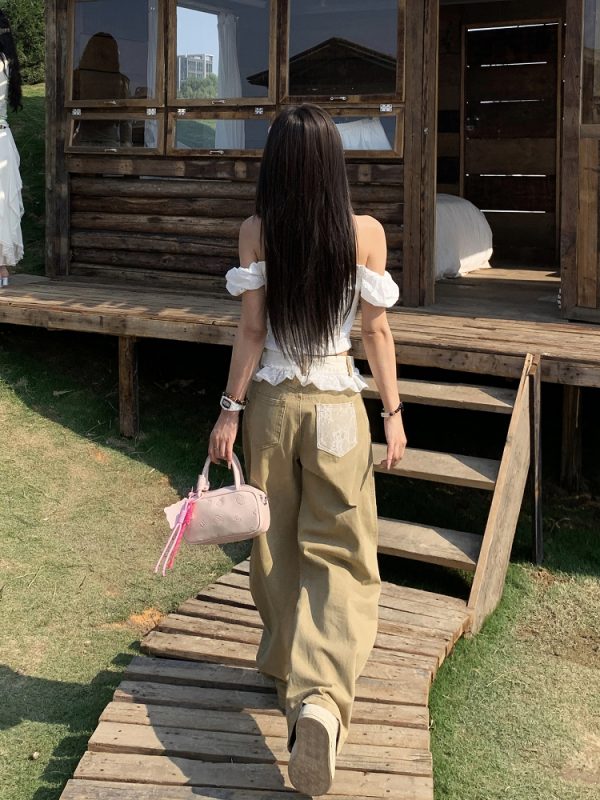 Khaki Lace Trim Spliced Denim Pants for Women - Spring Mid-Waist Slim Fit Wide-Leg Curved Style, Trendy Y2K Fashion