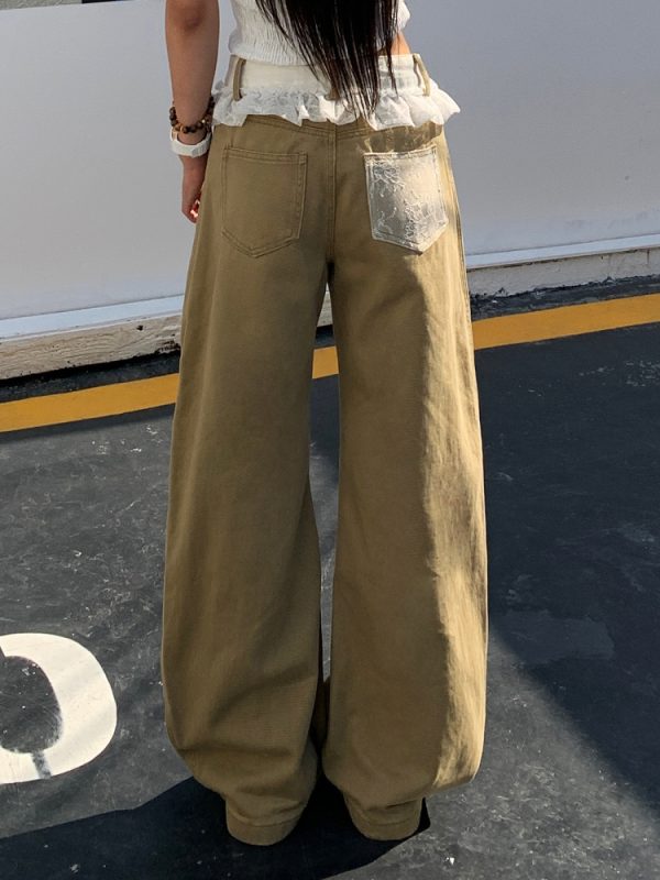 Khaki Lace Trim Spliced Denim Pants for Women - Spring Mid-Waist Slim Fit Wide-Leg Curved Style, Trendy Y2K Fashion