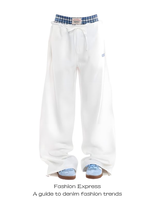 Klein Blue Double-Waist Spliced Faux Two-Piece Casual Pants - 2025 Low-Waist Straight Wide-Leg Style for Autumn & Winter