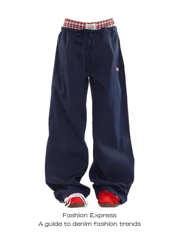 Klein Blue Double-Waist Spliced Faux Two-Piece Casual Pants - 2025 Low-Waist Straight Wide-Leg Style for Autumn & Winter