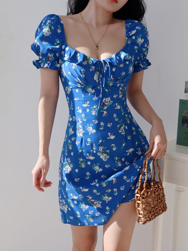 Klein Blue Floral Puff Sleeve Dress - Slim Fit, Waist-Defined, Versatile Vacation Style, Perfect for Summer Outings and 90s Inspired Looks
